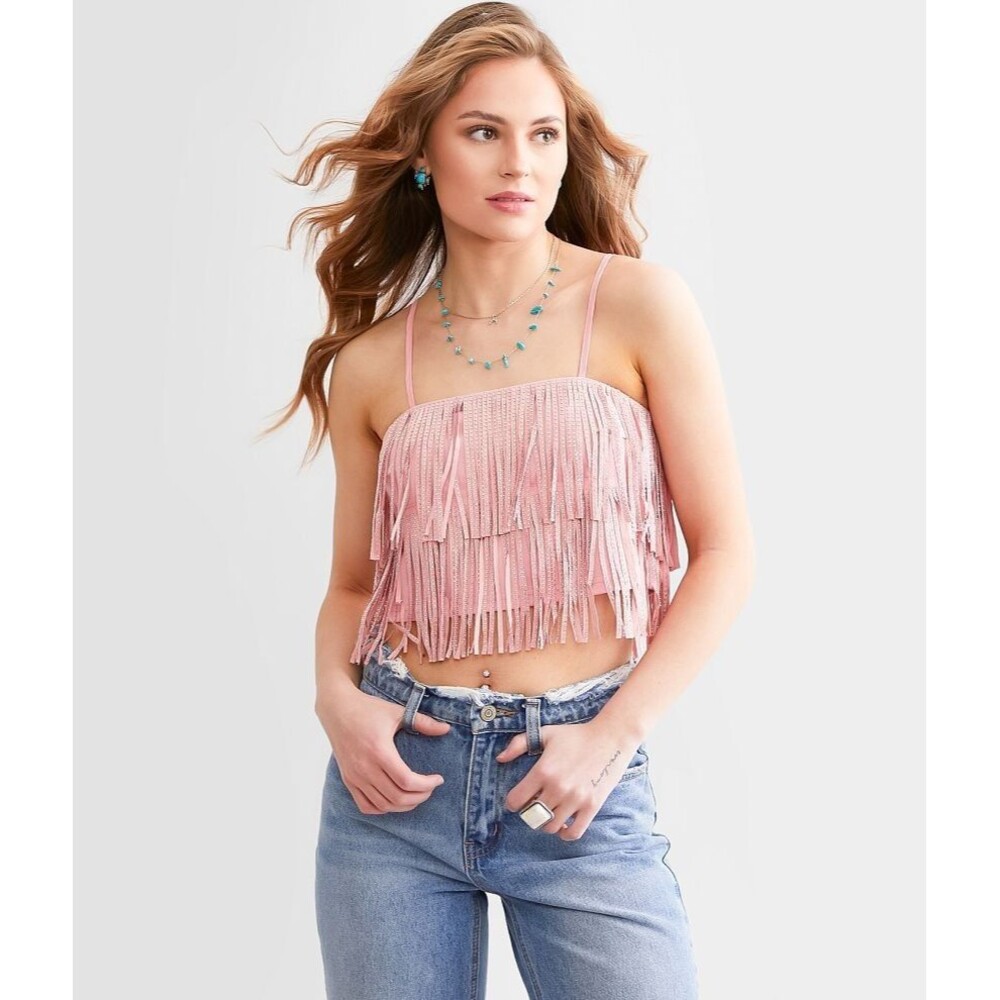 Nylon Apparel Women’s Rhinestone Fringe Pink Tank Top Size Small